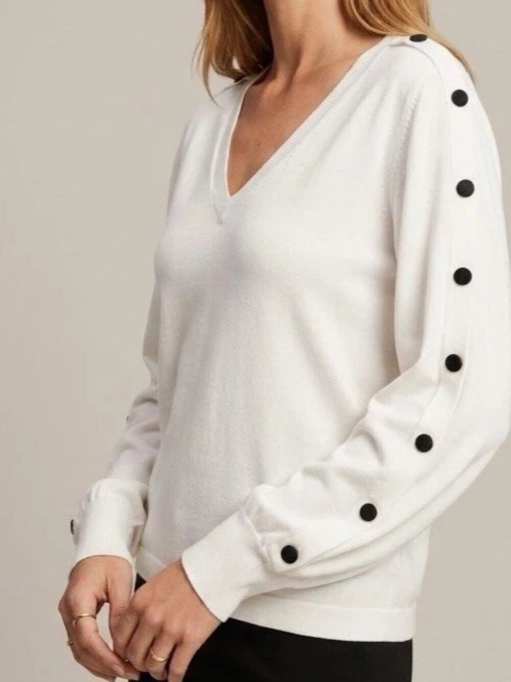 NEW Karl Lagerfeld PARIS Sweater Ivory Black Button long Sleeve V-Neck LARGE
